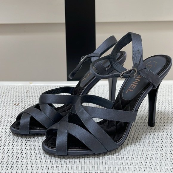 CHANEL embellished blue-grey satin heals sandals size 37 NEW - Picture 2 of 10